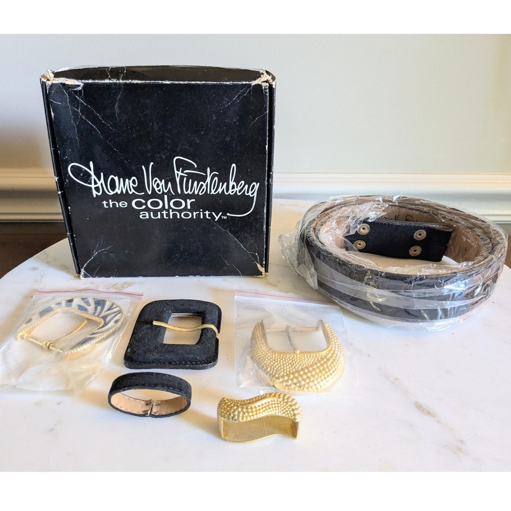 Vtg Diane Von Furstenberg Convertible Belt Lg 3 Buckle Set Black Gold‎ Avon NIB